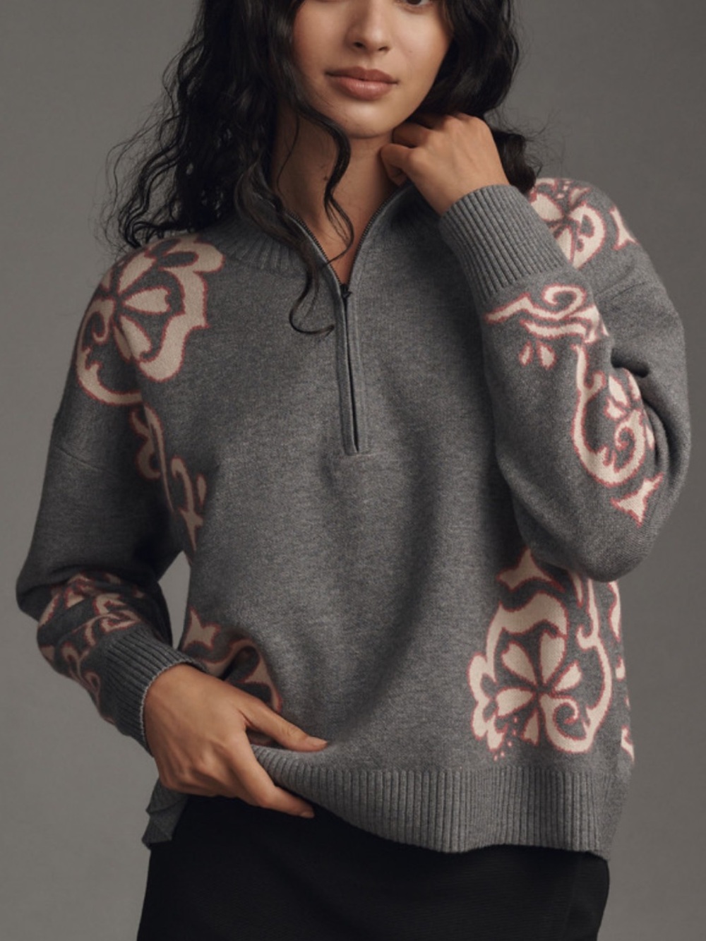 Maeve by Anthropologie Gray Floral Quarter Zip Sweater | XS | Cozy Knit Pullover